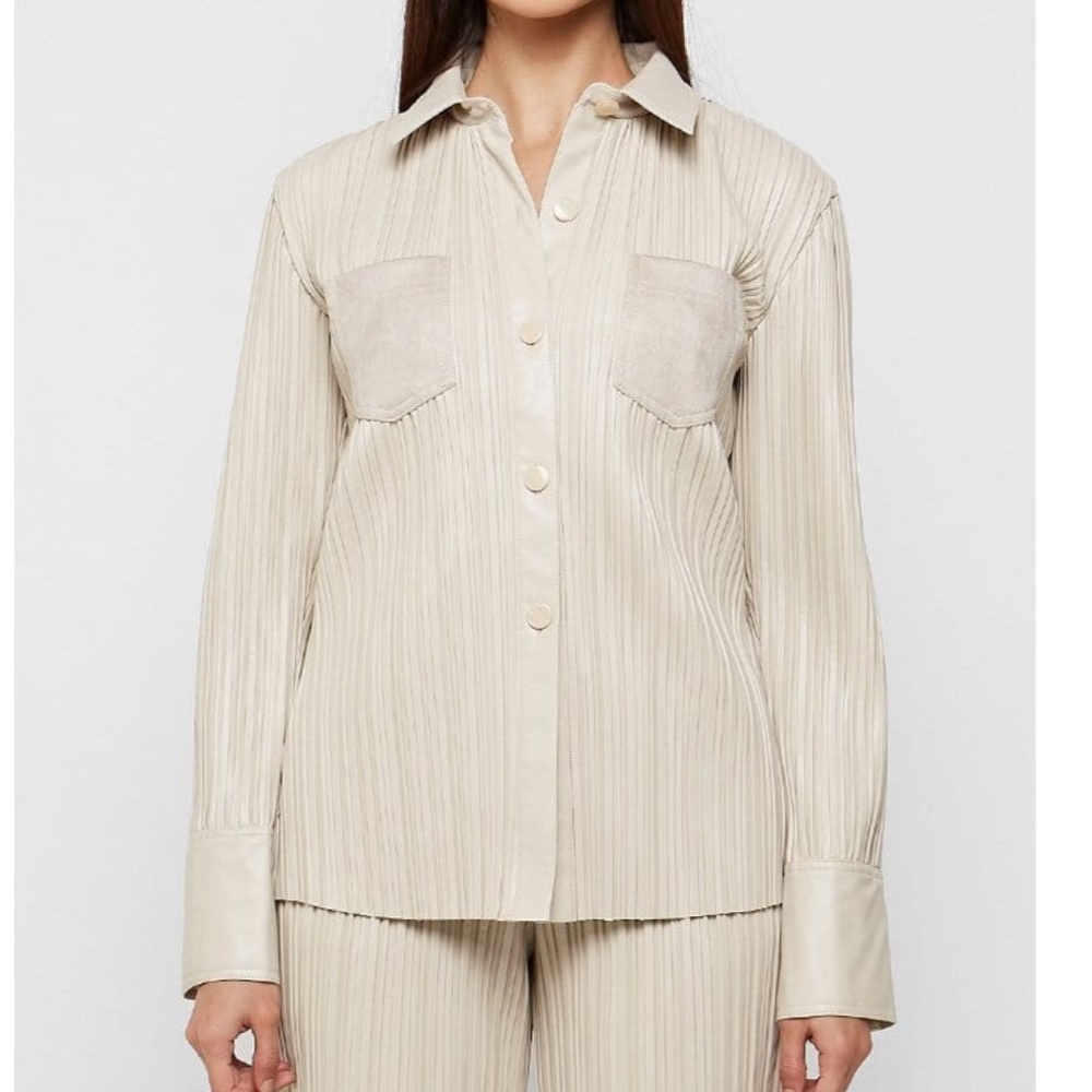NWT Maniere De Voir Pleated Leather Shirt - Beige Size 6